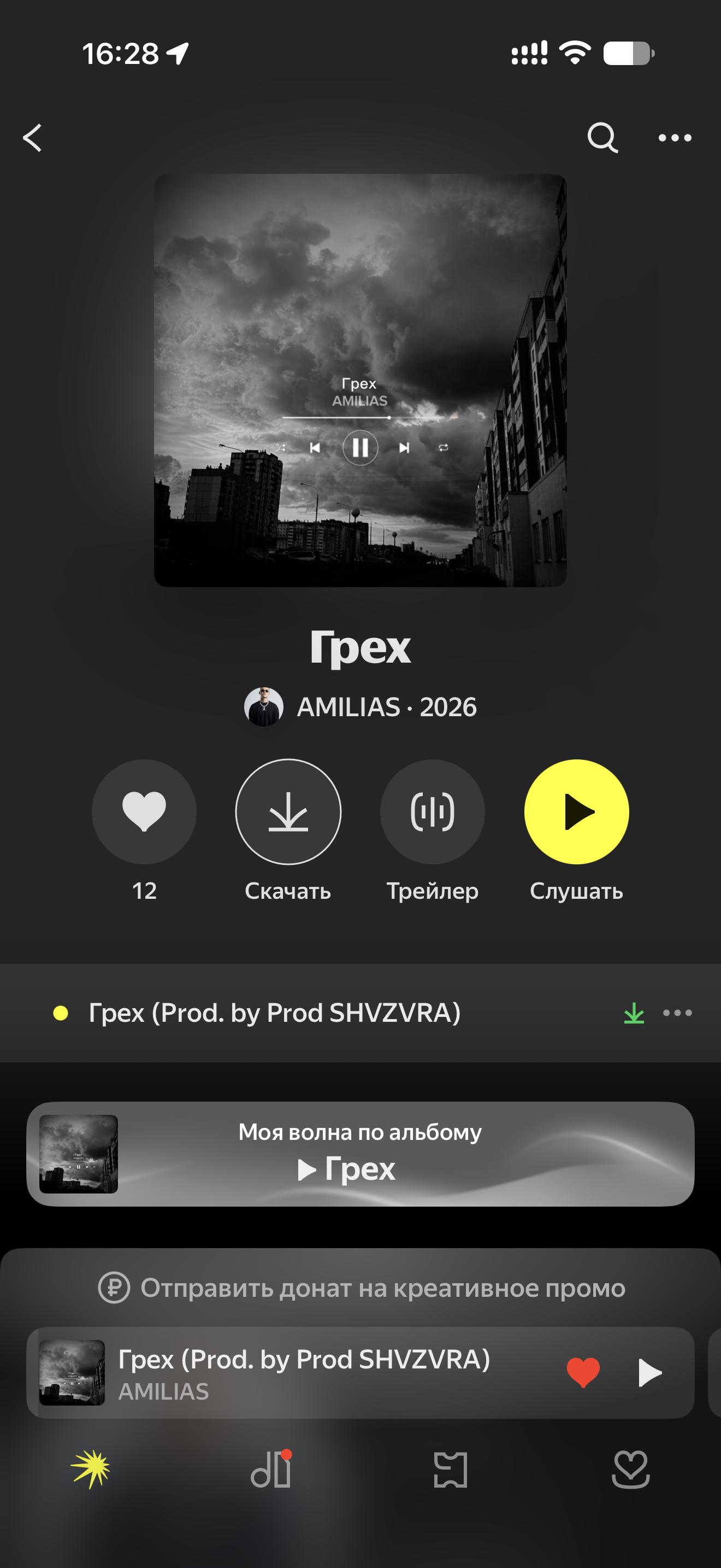 AMILIAS: «Грех»: аудитория в Яндекс Музыке — скриншот результат
